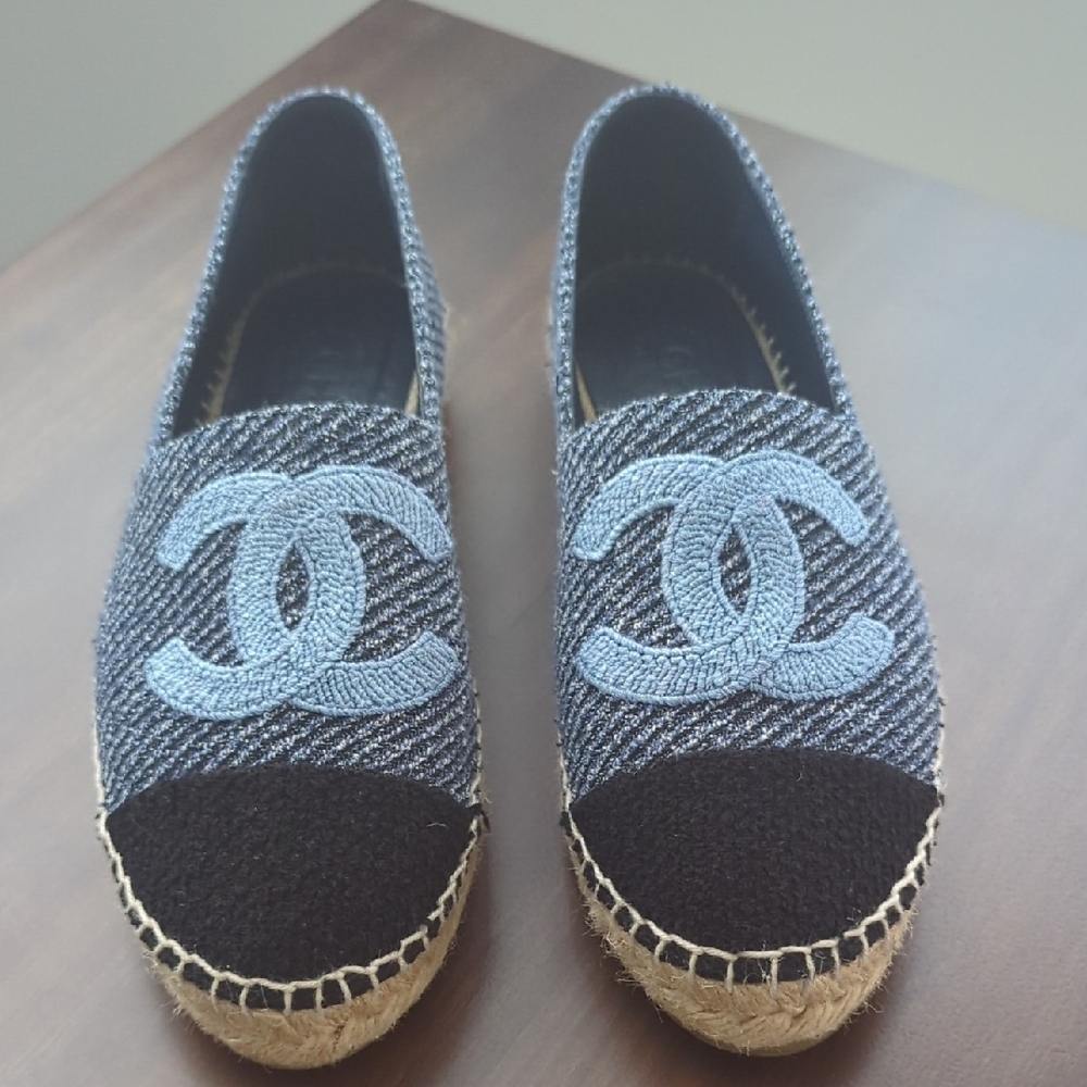 CHANEL Black and Blue Espadrilles with Iconic Logo